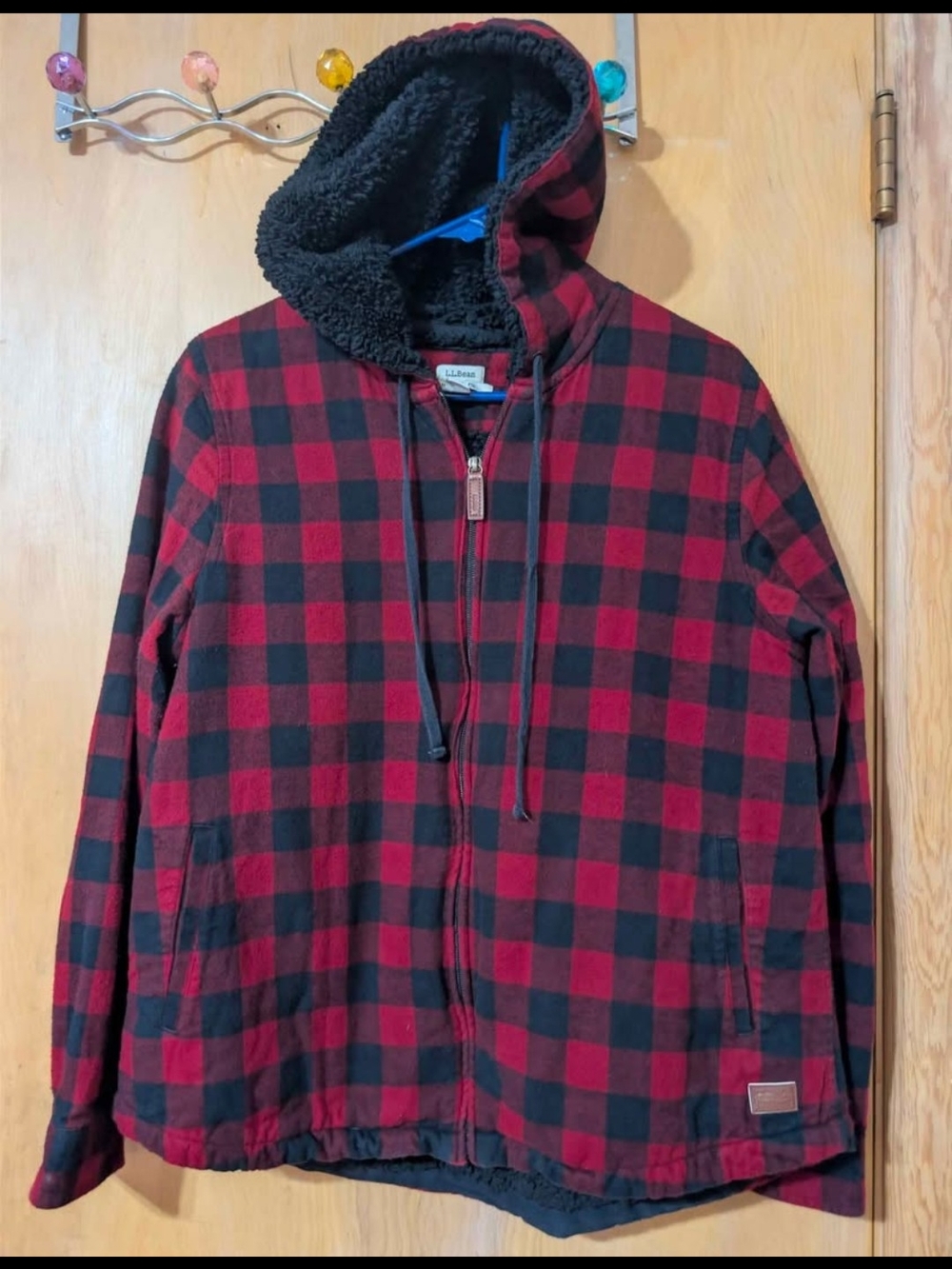 L.L. Bean Red and Black Buffalo Plaid Sherpa-Lined Hoodie Jacket